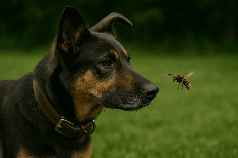 Chien noir et feu observant un frelon asiatique qui vole près de son museau