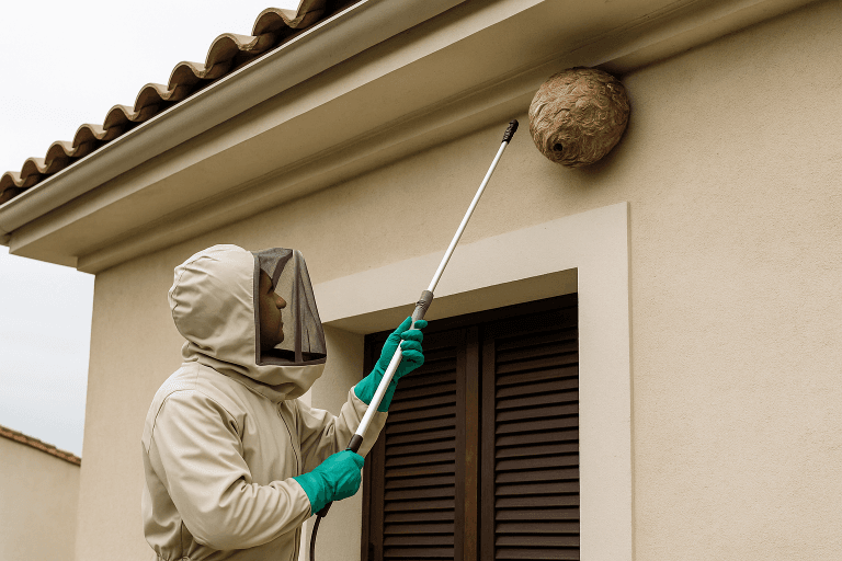Technicien traitant un nid de frelons suspendu à un toit de maison à Biot