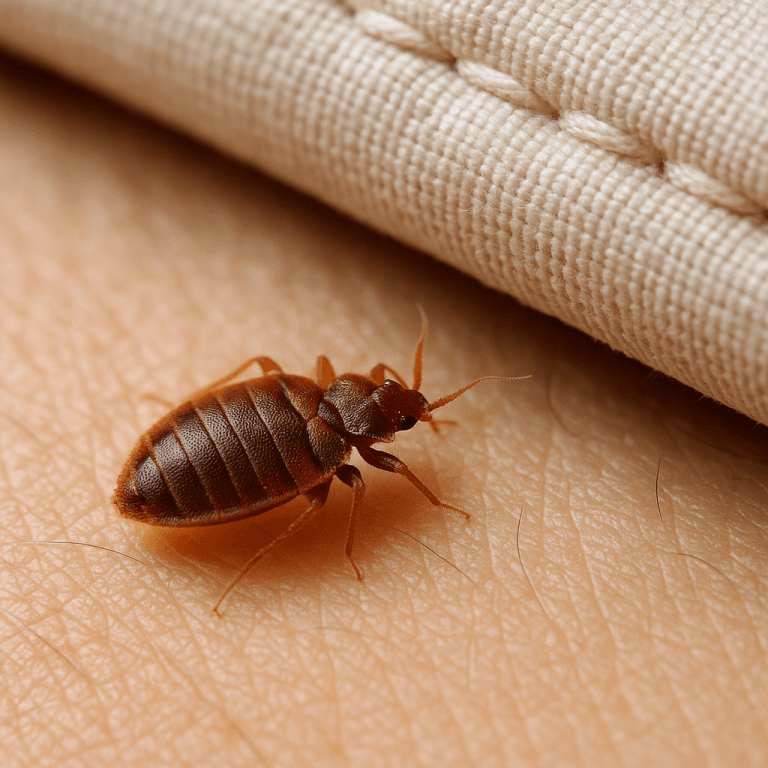 Gros plan d'une punaise de lit sur la peau humaine près d'une couture de matelas