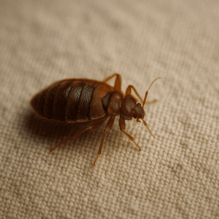 Macro d'une punaise de lit (Cimex lectularius) sur un tissu beige texturé