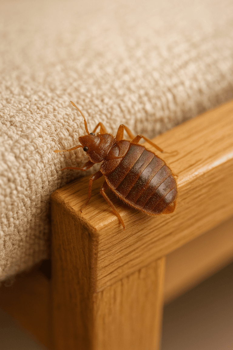 Grosse punaise de lit sur le bord d’un canapé en bois et tissu beige
