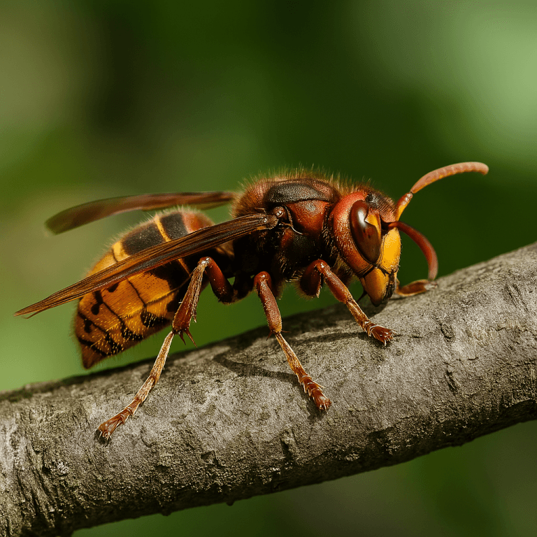 Un expert en désinsectisation examine un nid de frelons asiatiques perché en hauteur dans un arbre dense.
