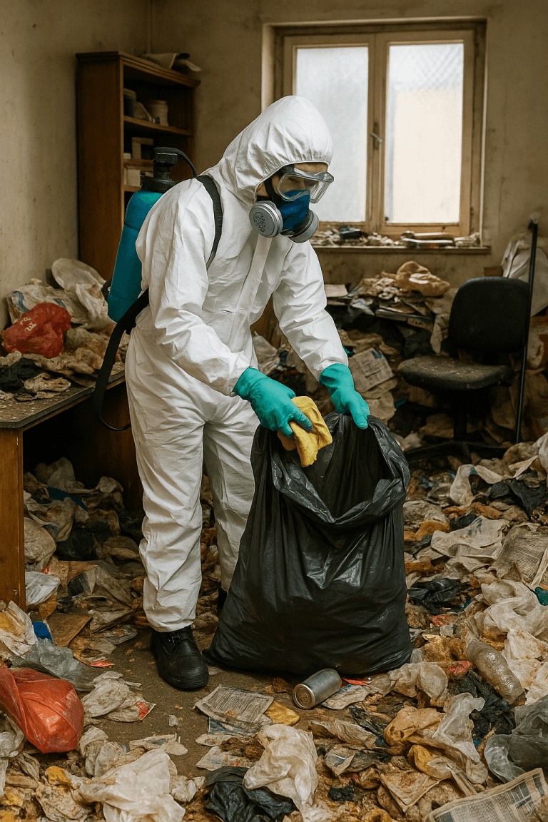 Technicien professionnel désinfectant une cuisine dans un appartement encombré à Antibes
