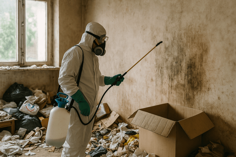 Travailleur sanitaire désinfectant une pièce insalubre remplie de déchets à Antibes