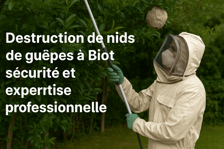 Expert en désinsectisation traitant un nid de guêpes sur une façade à Biot Légende : Intervention sécurisée en hauteur à Biot pour éliminer un nid de guêpes actif à proximité d’une habitation