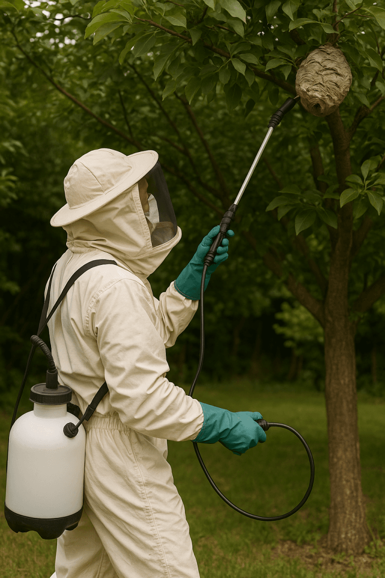 Technicien désinsectiseur intervenant à proximité d’une haie pour détruire un nid de guêpes à Biot