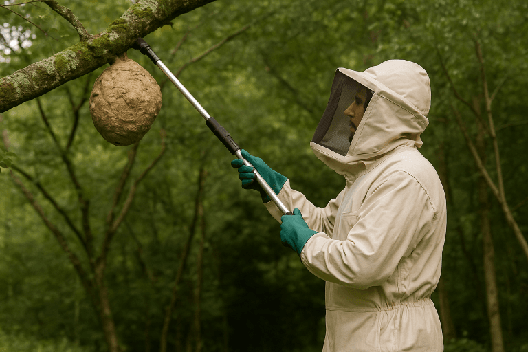 Professionnel en tenue de protection traitant un nid de frelon dans un jardin des Alpes-Maritimes