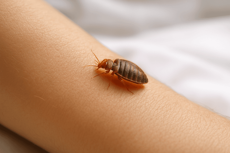 Punaise de lit brun-rouge sur une surface claire observée de près