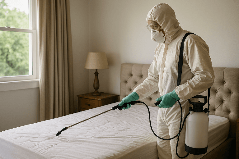 Technicien en combinaison de protection traitant une chambre infestée de punaises de lit