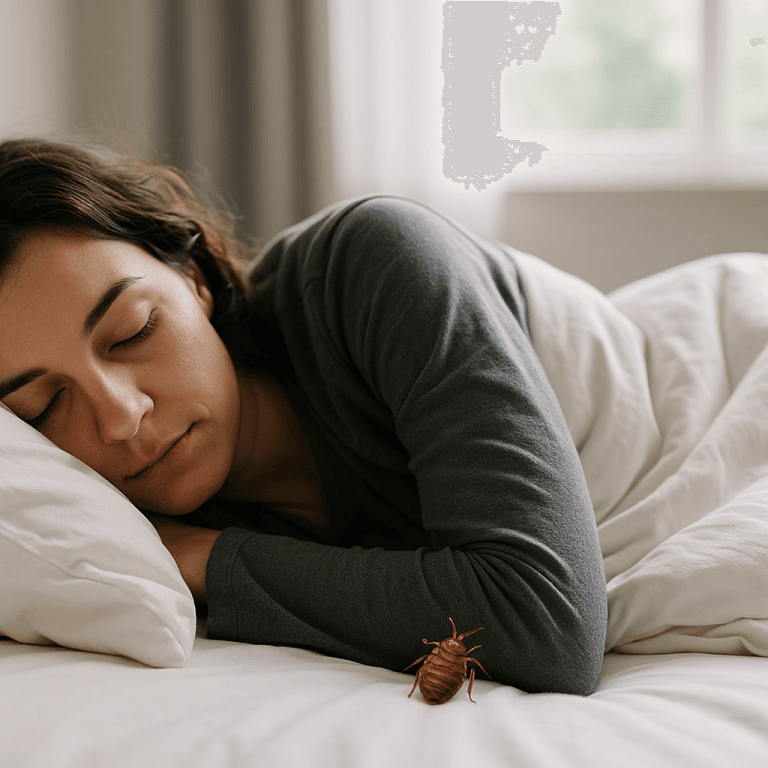 Femme allongée sur son lit, exposée aux risques liés aux punaises de lit pendant la nuit