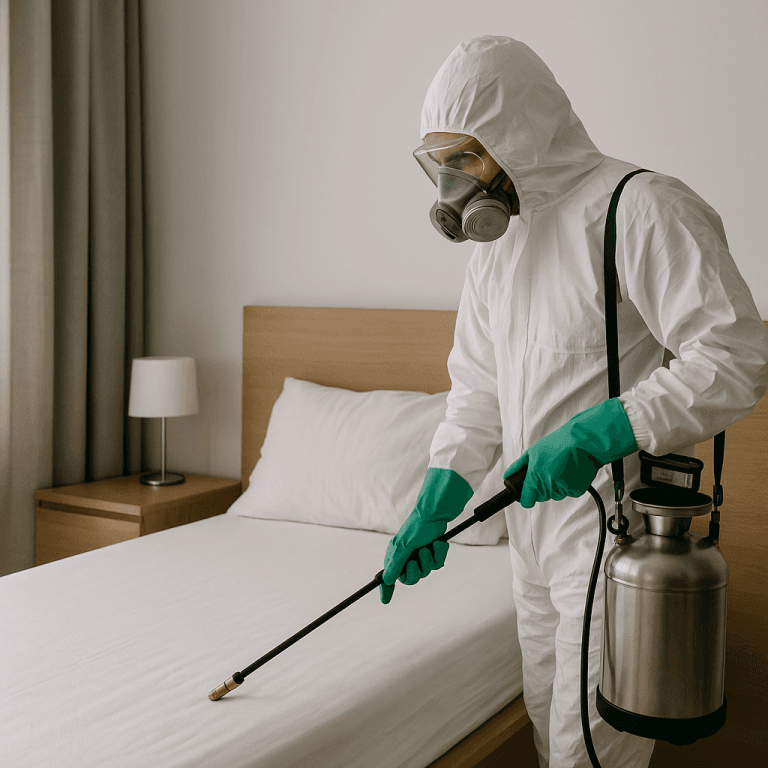 Technicien en désinsectisation appliquant un traitement spécialisé anti-punaises de lit dans une chambre infestée