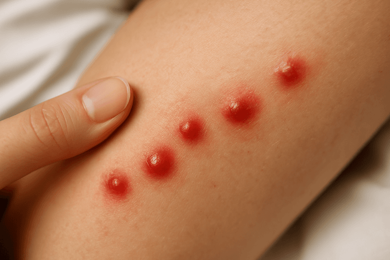 Photographie rapprochée d'un bouton rouge causé par une piqûre de punaise de lit sur une peau humaine