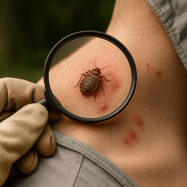 Photographie d'une punaise de lit vue de près à travers une loupe lors d’une analyse entomologique
