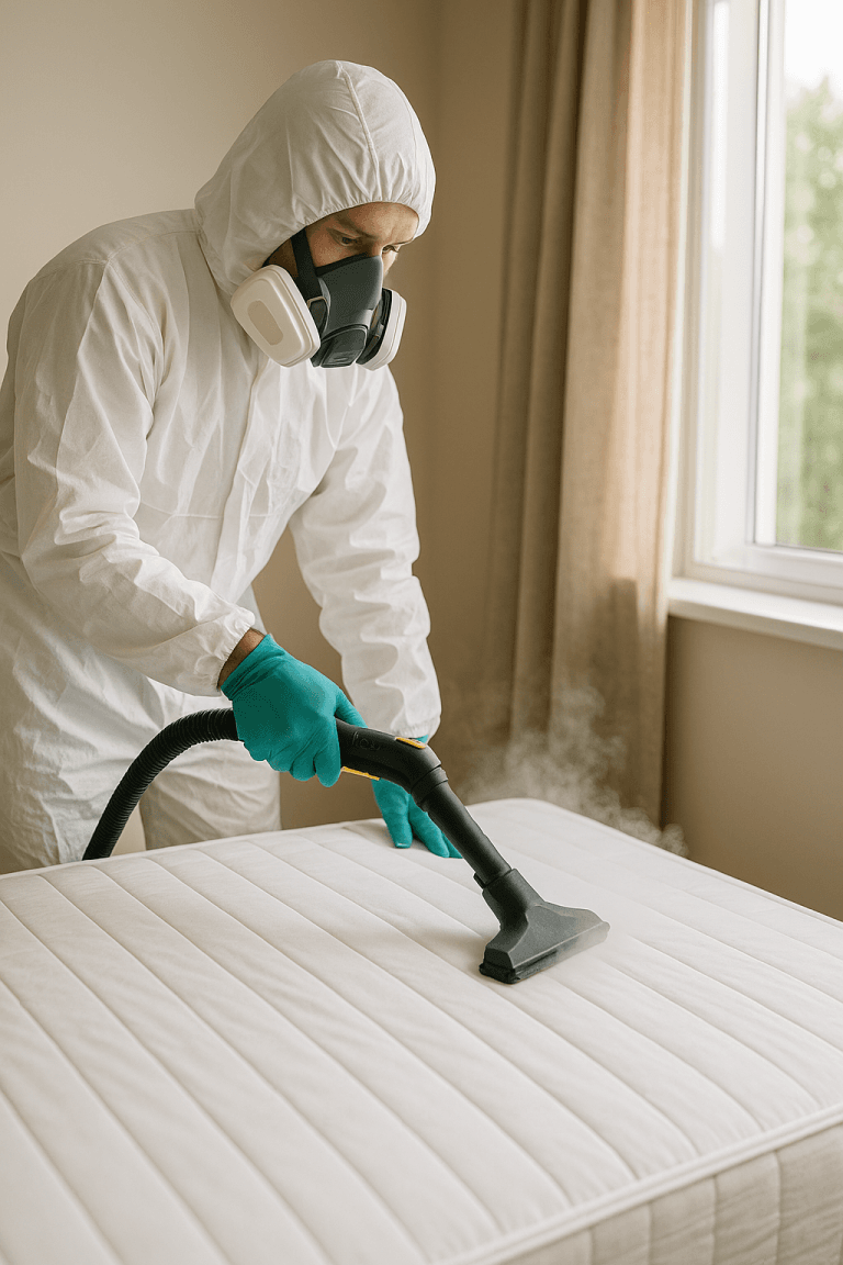 echnicien en traitement antiparasitaire appliquant un insecticide professionnel dans une chambre infestée de punaises de lit
