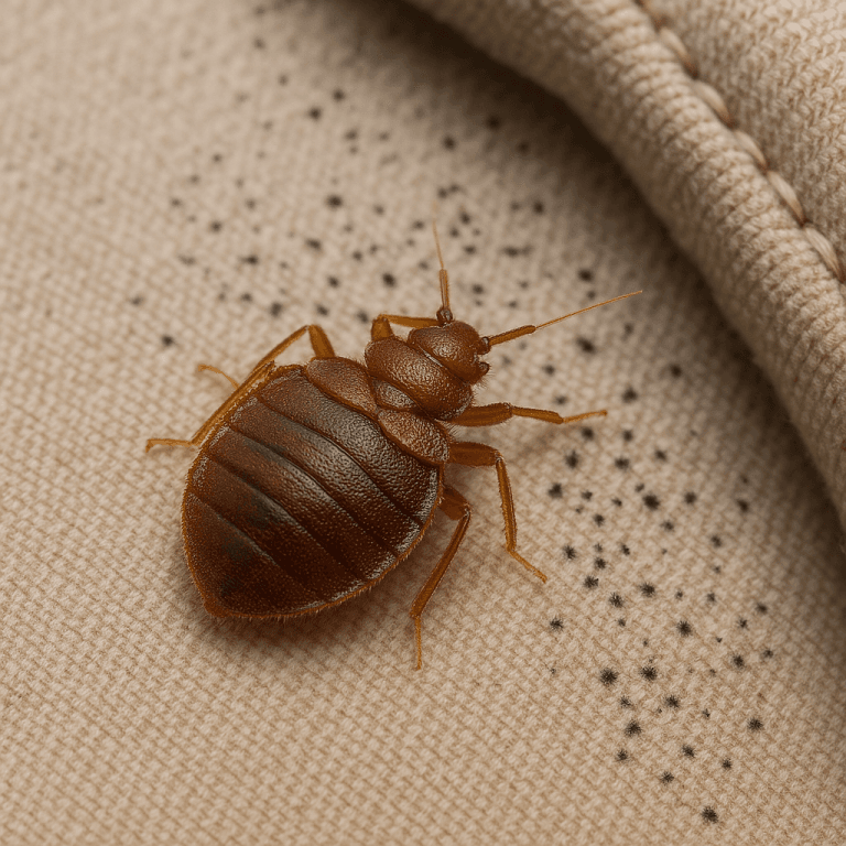 Grosse punaise de lit sur tissu beige en gros plan