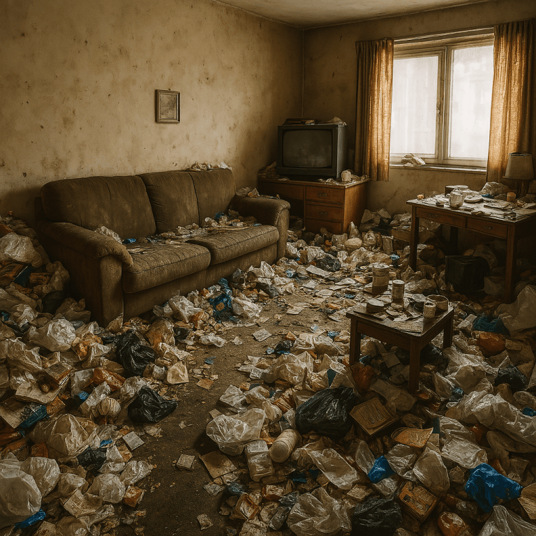 Salon en désordre total à Cannes avec déchets, meubles usés et lumière naturelle