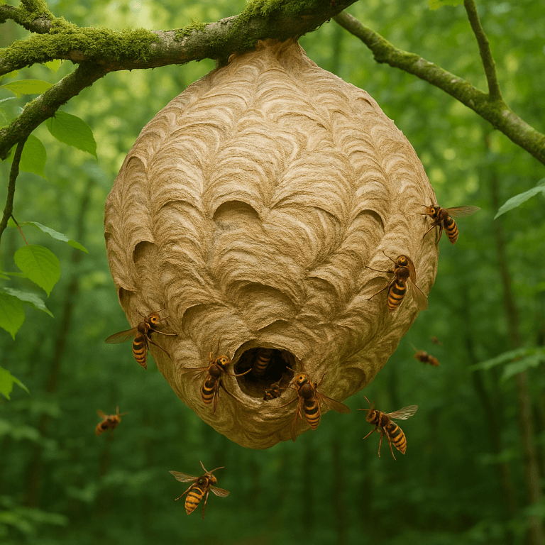 Gros plan sur un nid de frelons européens accroché à une branche dans une forêt verdoyante