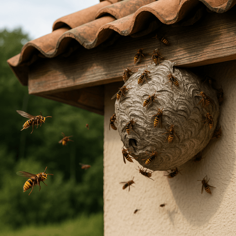 Nid de frelons européens sous une toiture en tuiles rouges dans une maison provençale du 06