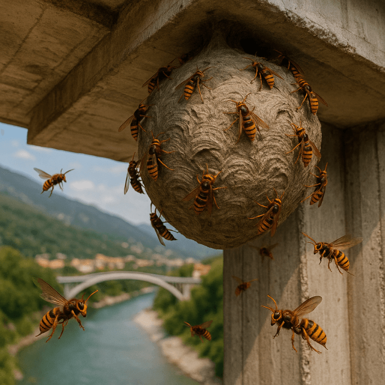 Nid actif de frelons européens accroché sous un pont en béton surplombant une rivière turquoise