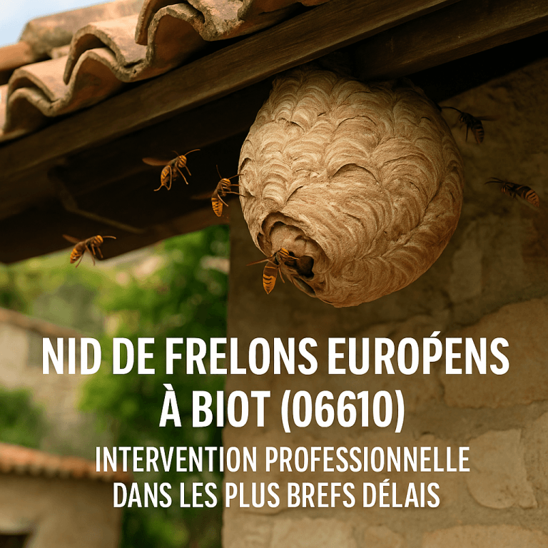 Nid actif de frelon européen sous une toiture méditerranéenne en tuiles, à Biot (06610)