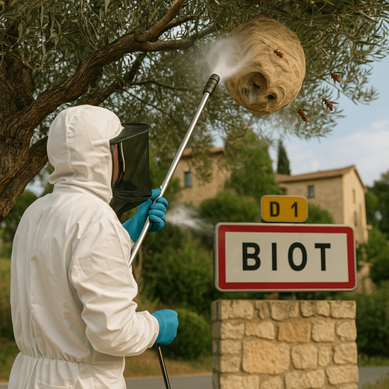 Technicien en combinaison traitant un nid de frelon à Biot, en bord de route avec panneau D1