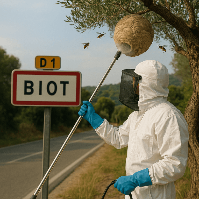 Travailleur en combinaison traitant un nid de frelon sur un olivier près d’une route avec panneau “Biot”
