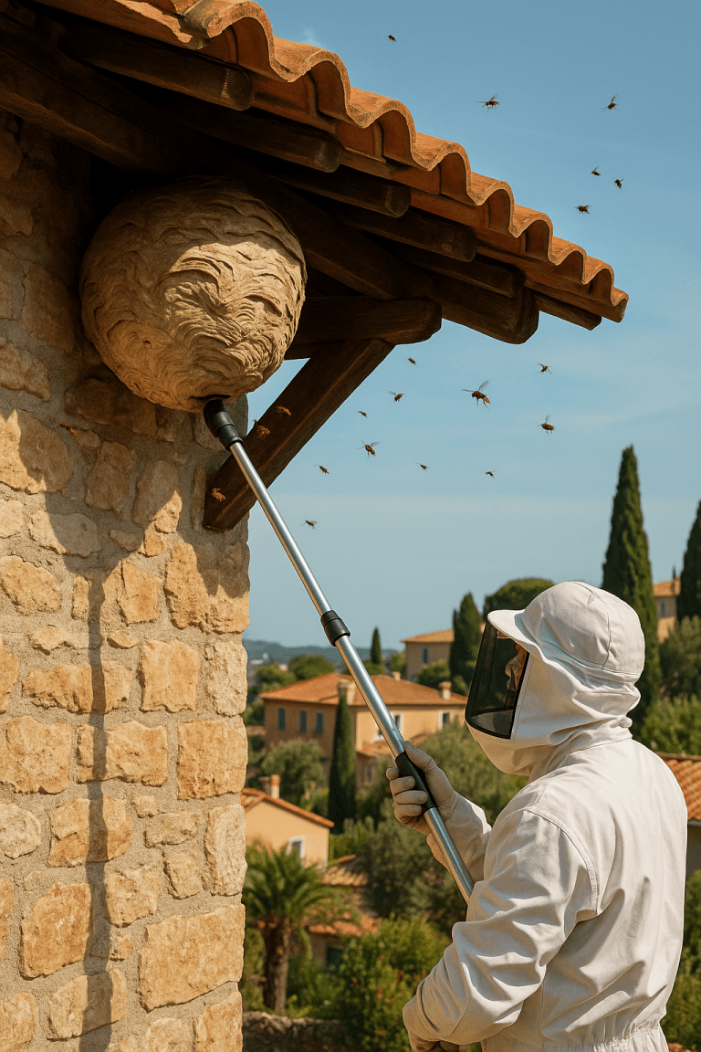 Un technicien pulvérise un nid de frelon européen sur une maison en pierre à Villeneuve-Loubet