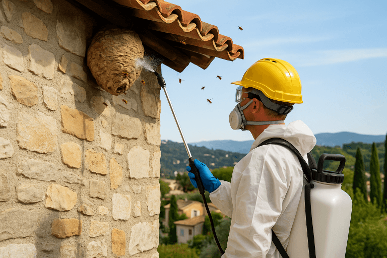 Technicien avec casque et pulvérisateur traitant un nid de frelon européen sur une maison en pierre