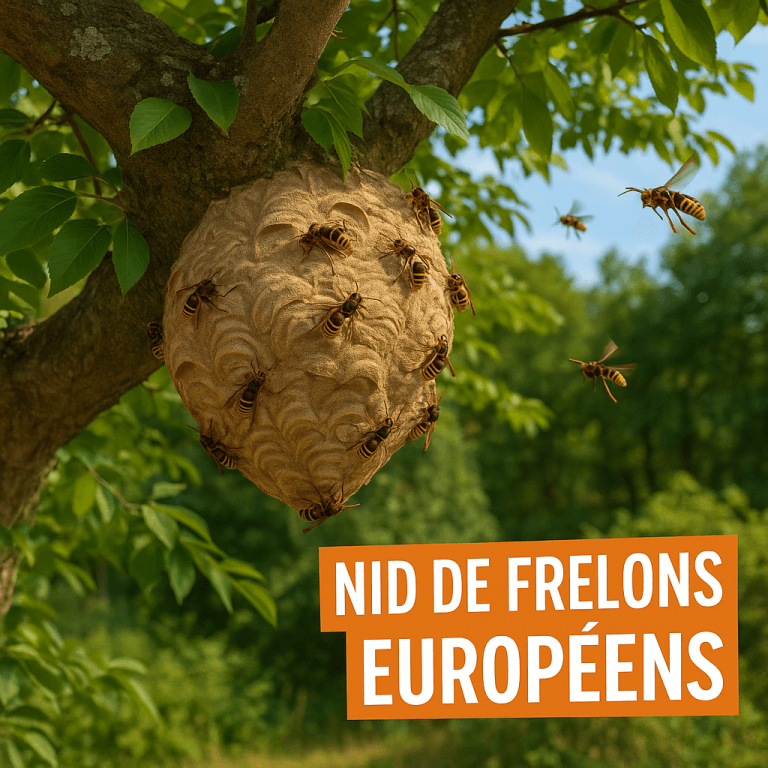 Nid actif de frelon européen accroché à une branche dans un environnement boisé