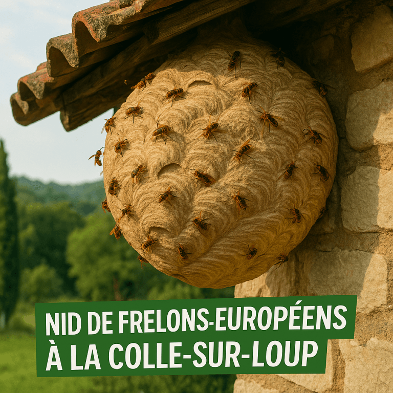 Nid volumineux de frelons européens sous toiture d’une maison en pierre, en pleine nature à La Colle-sur-Loup