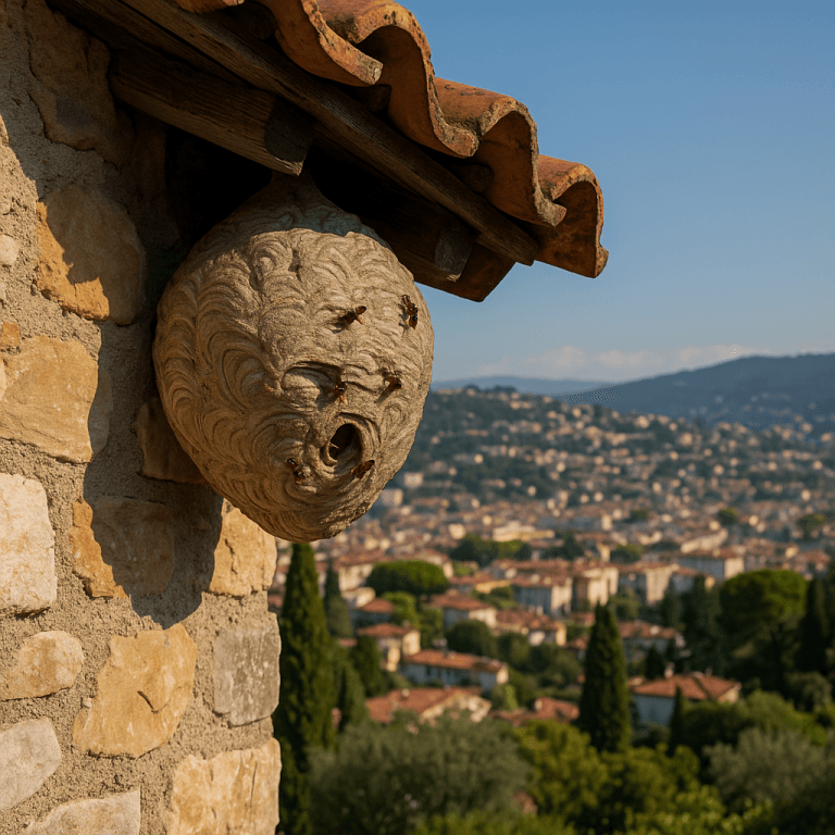 Nid de frelon européen accroché à une maison en pierre surplombant les toits rouges de Nice