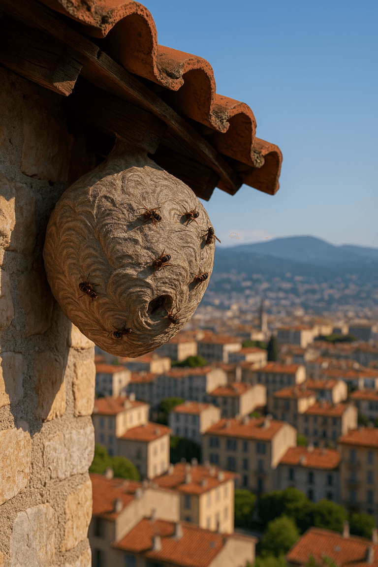 Nid actif de frelon européen accroché sous une toiture, avec vue sur les immeubles à toits rouges de Nice