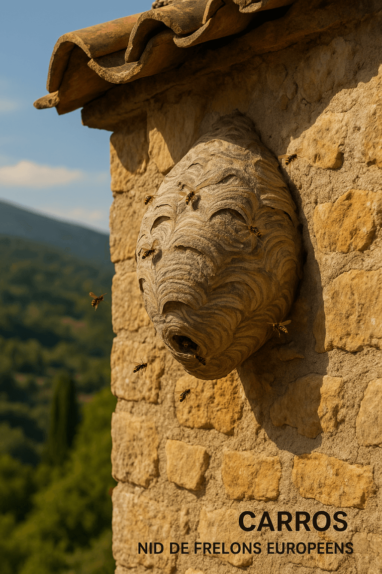 Nid de frelon européen accroché à une façade de maison en pierre avec tuiles rouges et vue sur les collines de Carros