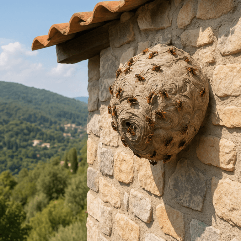 Nid de frelons européens accroché à un mur en pierre avec vue dégagée sur les collines boisées de Carros