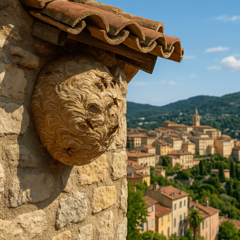 Nid de frelon européen sous une toiture en tuiles à Grasse, avec vue panoramique sur la vieille ville et son clocher