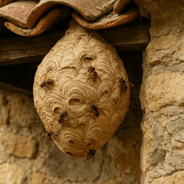 Nid de frelon européen accroché à des poutres sous toiture, avec façade en pierre ancienne