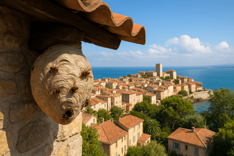 Nid actif de frelons européens sur une maison en pierre dominant les toits d’Antibes avec vue sur la mer Méditerranée