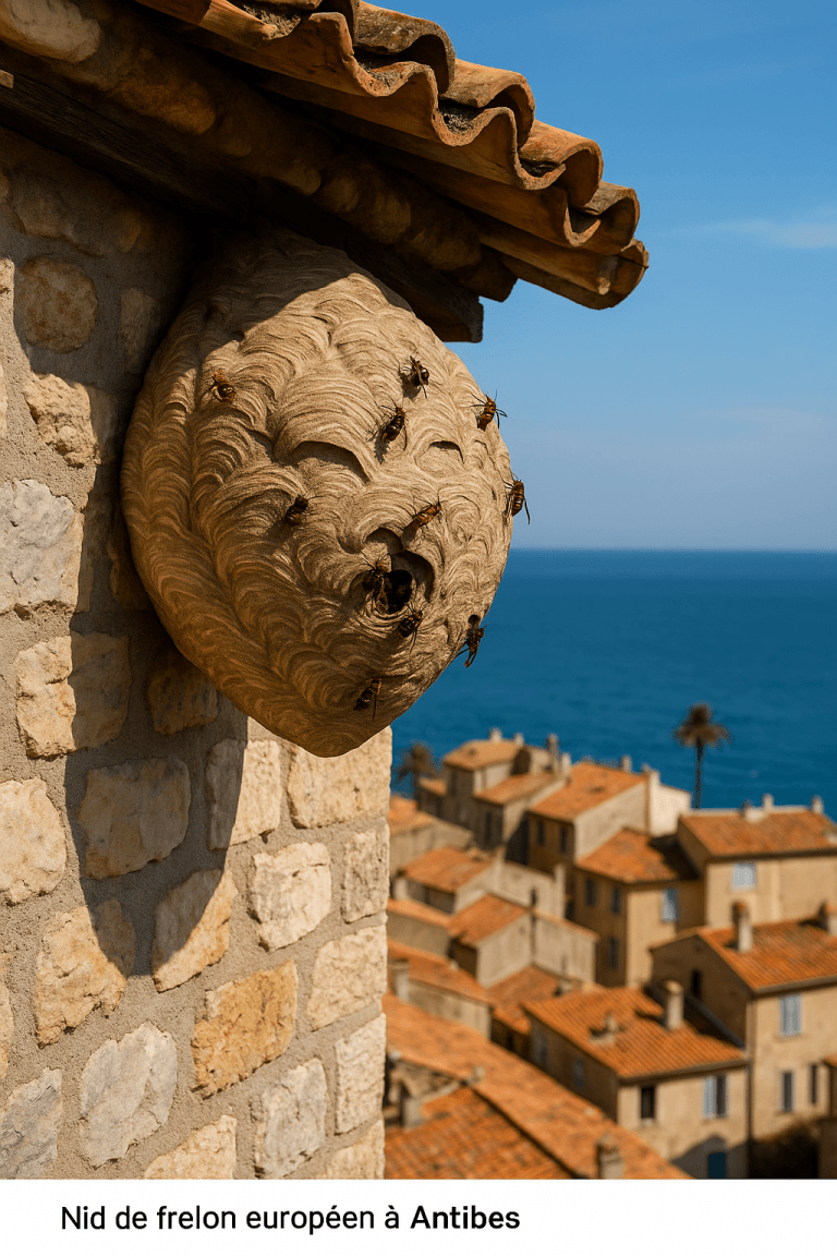 Nid actif de frelons européens fixé à une paroi rocheuse surplombant la Méditerranée au Cap d’Antibes