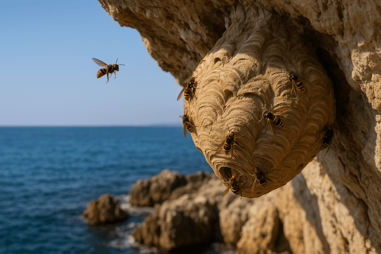 Nid de frelon européen suspendu sous une paroi rocheuse en bord de mer au Cap d’Antibes