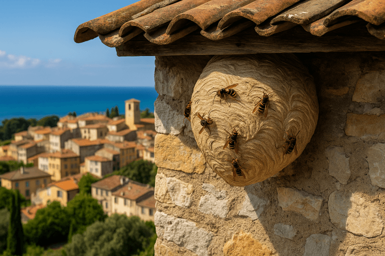 Nid de frelon européen sous une toiture en tuiles à Cagnes-sur-Mer, avec vue sur la mer et les maisons du vieux village