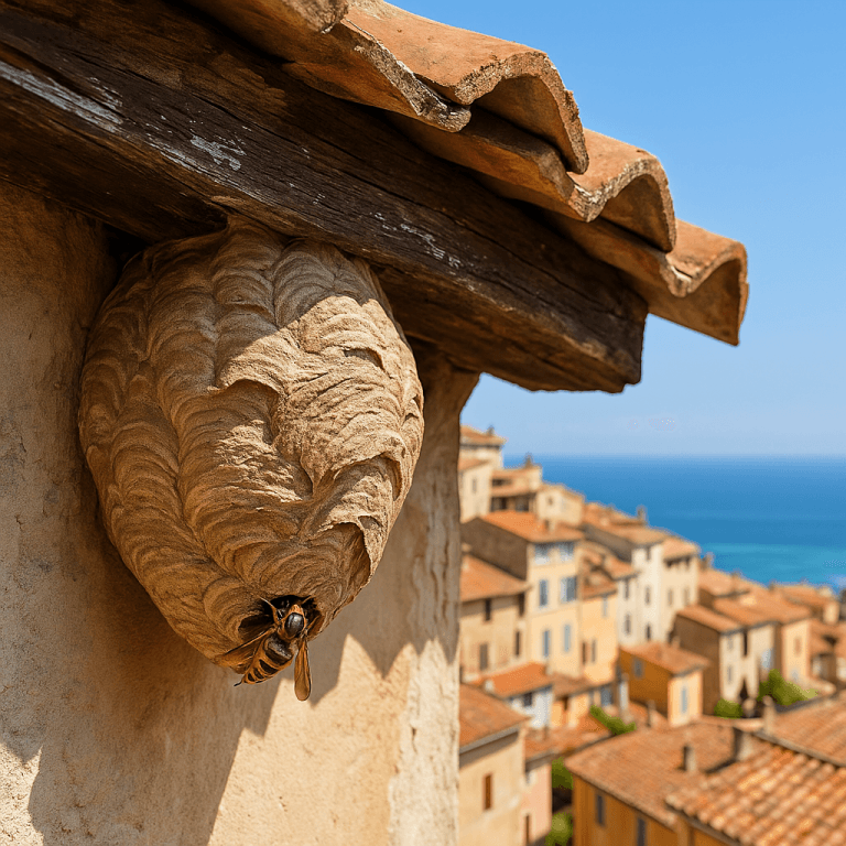 Nid de frelons européens suspendu sous une toiture en tuile d’un bâtiment ancien à Cagnes-sur-Mer, avec la mer en arrière-plan