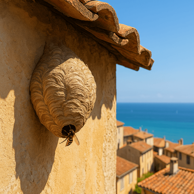 Nid de frelon européen accroché à un mur ocre sous toiture, dominant les toits rouges de Cagnes-sur-Mer et la mer Méditerranée