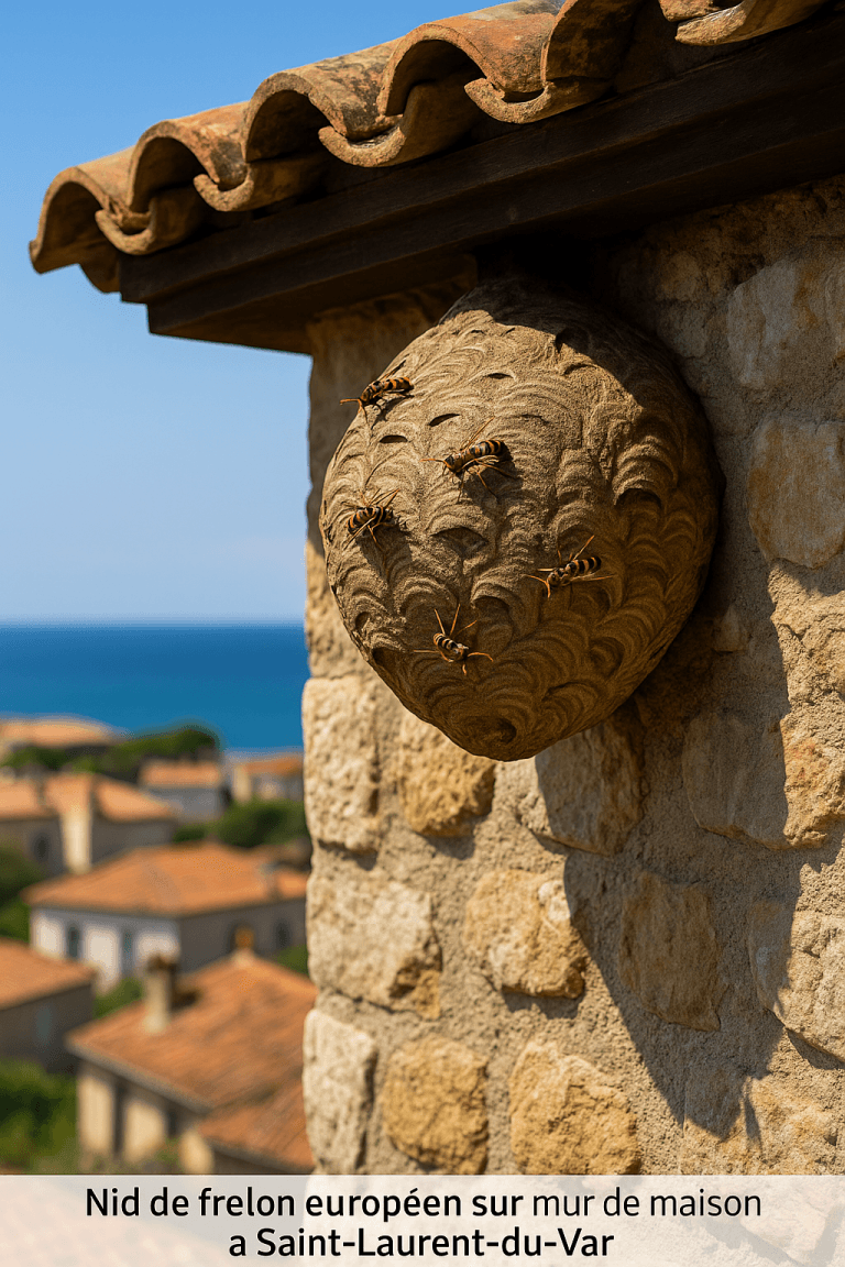 Nid suspendu de frelons européens sur un mur en pierre face à la mer à Saint-Laurent-du-Var