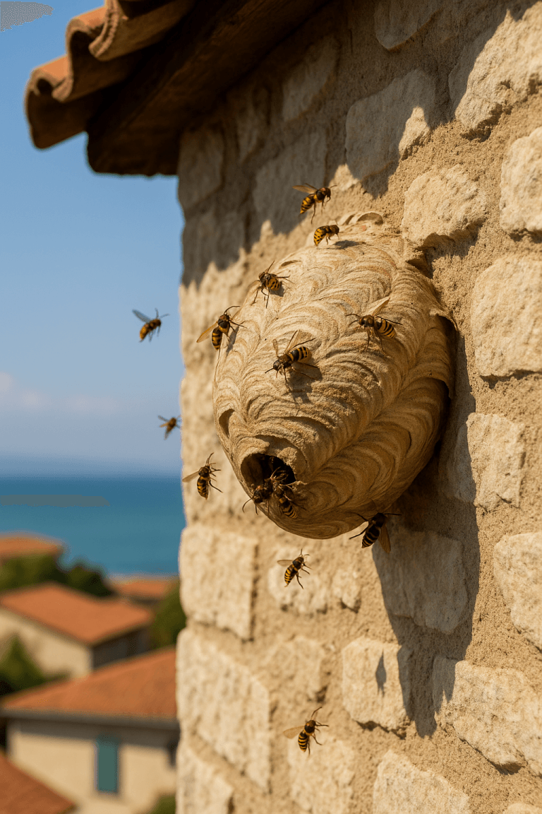 Nid actif de frelons européens avec insectes entrant et sortant sur une façade en pierre en bord de mer
