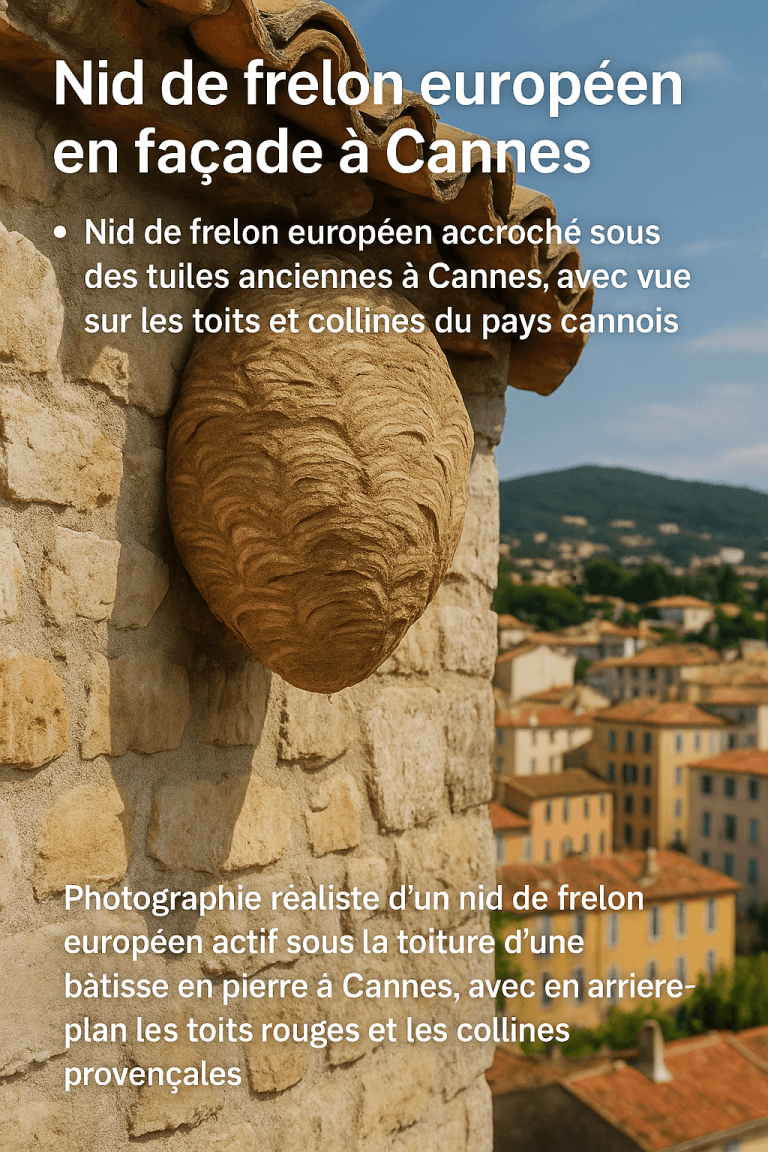 Nid de frelon européen accroché sous des tuiles anciennes à Cannes, avec vue sur les toits et collines du pays cannois