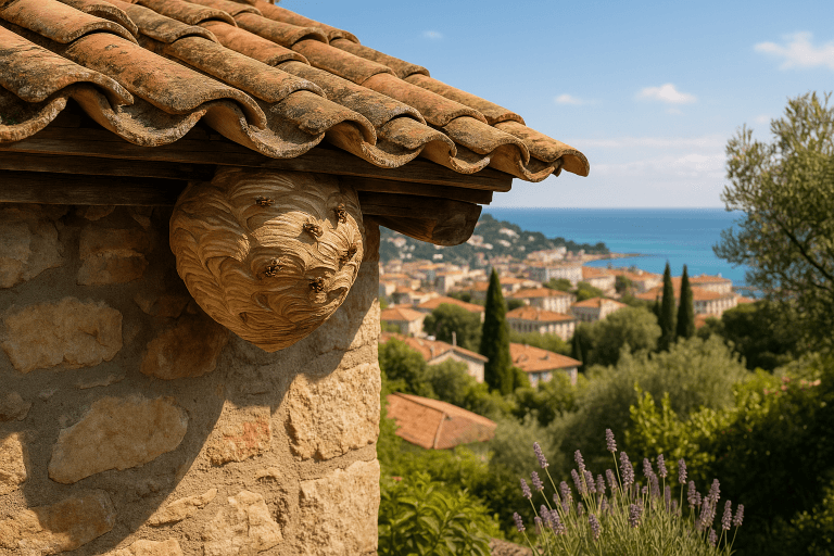 Nid actif de frelon européen suspendu sous une toiture en tuiles avec panorama sur Cannes et la mer