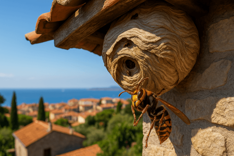 Frelon européen en vol devant un nid suspendu sous un toit en tuiles, avec la mer et les toits rouges de Cannes en arrière-plan
