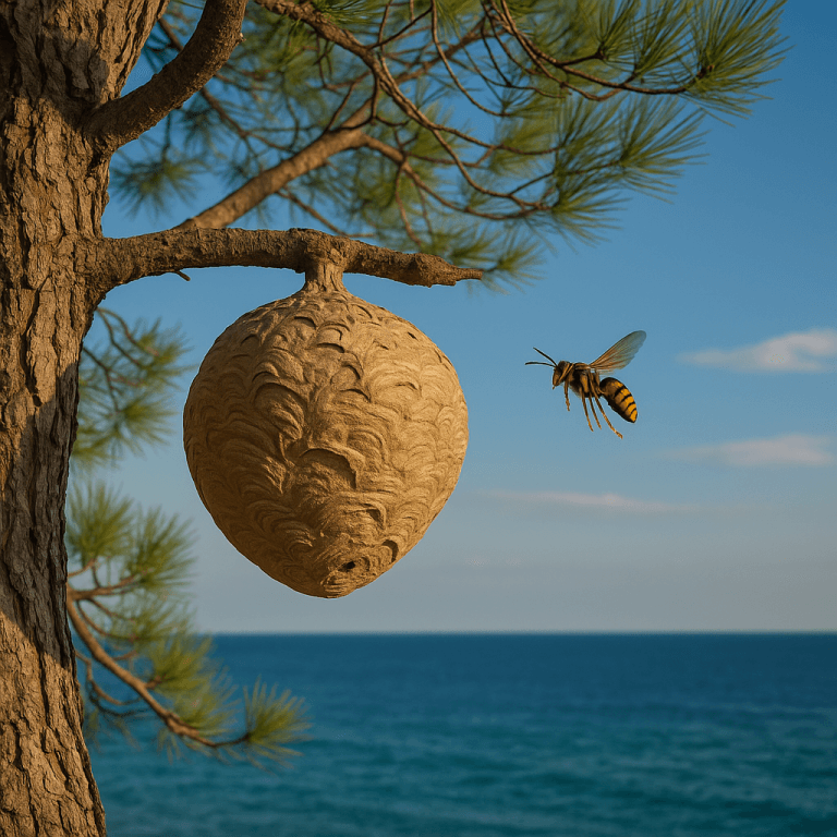Frelon européen volant vers son nid accroché à une branche de pin en bord de mer à Juan-les-Pins
