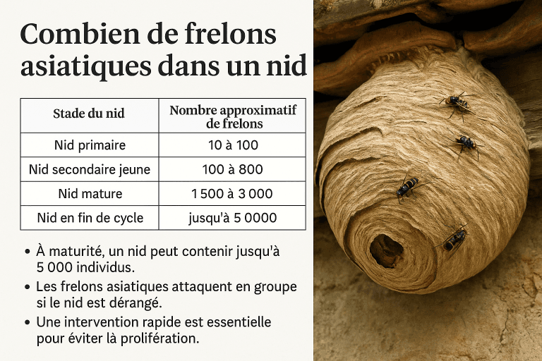 Tableau montrant le nombre de frelons asiatiques selon la taille et la période du nid