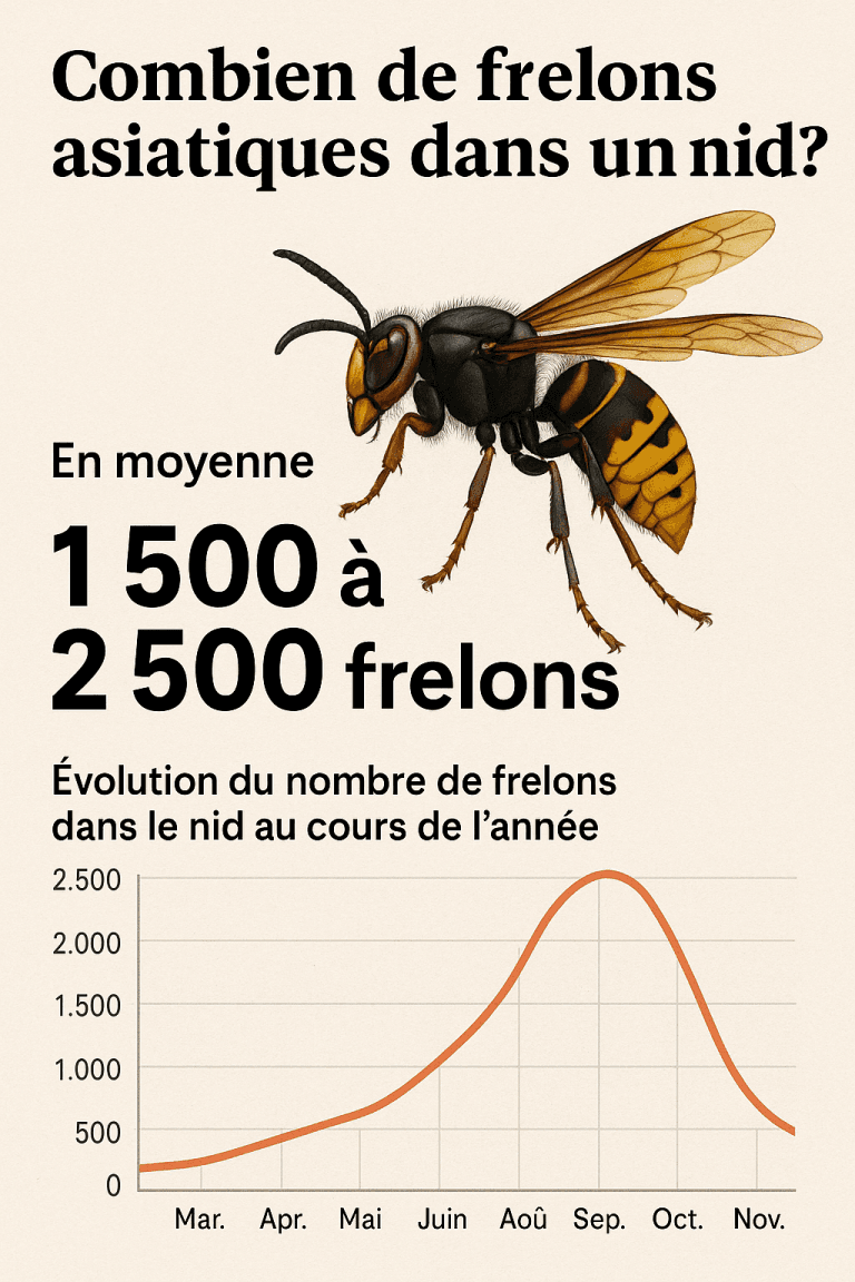 Infographie en français expliquant combien de frelons asiatiques peuvent vivre dans un nid selon son développement